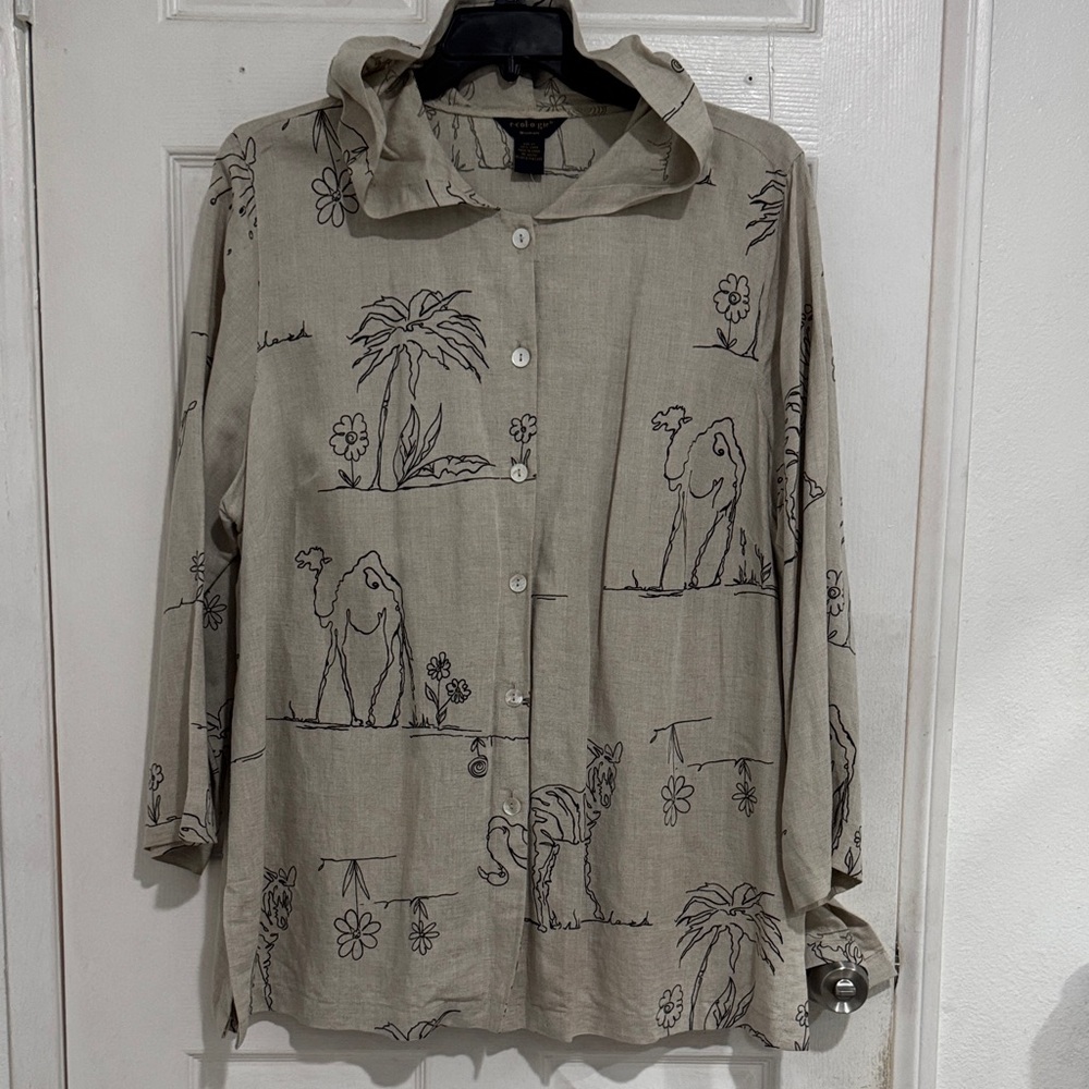 Camel Print Beige Linen Blouse Size 2XL
